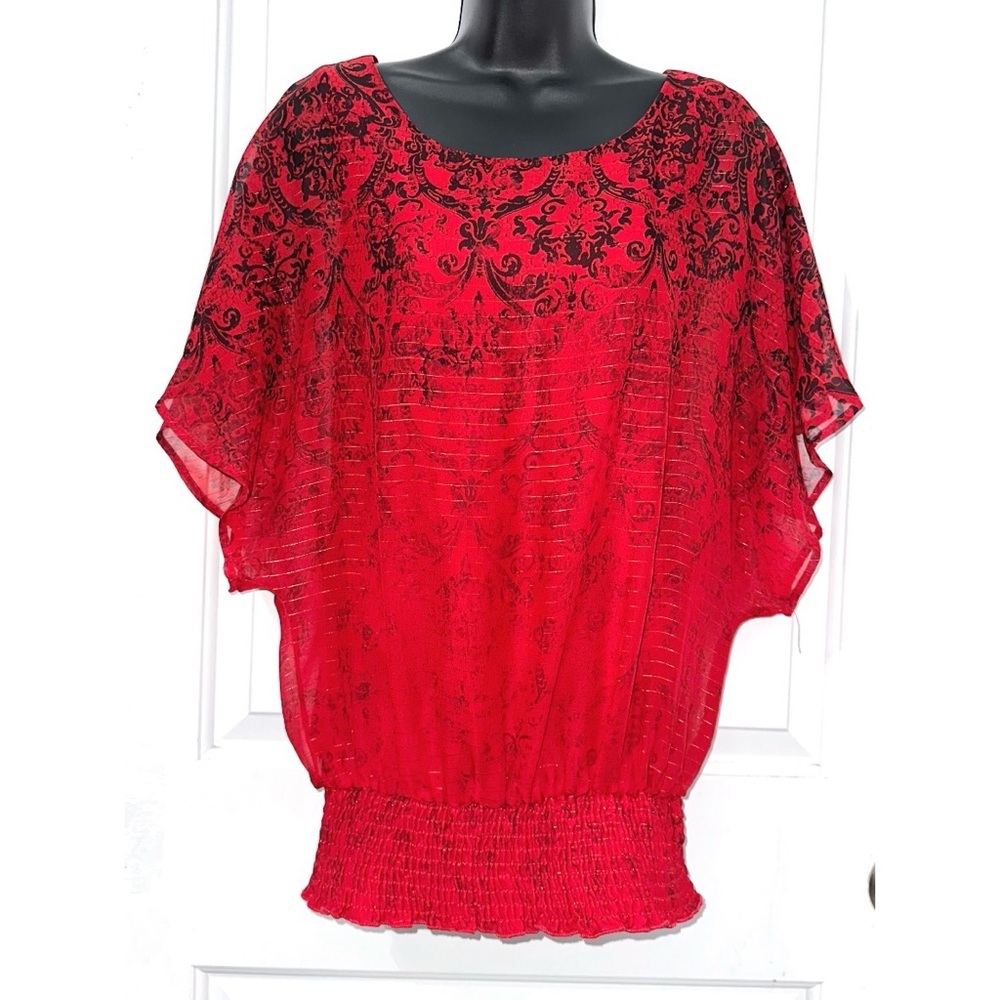 Studio Y Red Top with a Black metallic print in a floral-pattern,flutter sleeves
